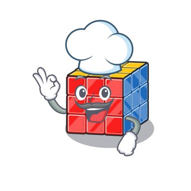 Rubik küp çizgi film karakteri aşçı olarak çalışıyor ve beyaz şapka takıyor.