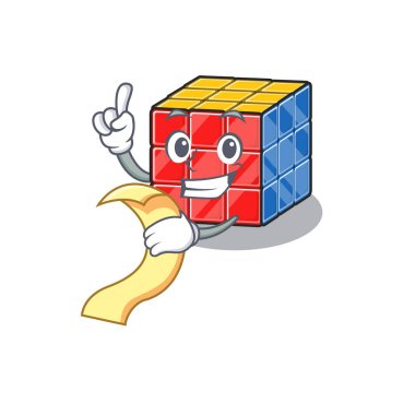 Elinde menü olan komik bir rubik küp karakteri.