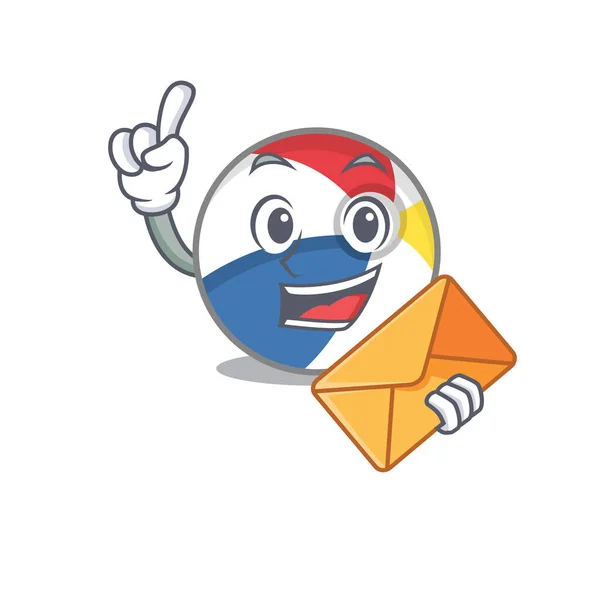 Happy face beach ball mascot design with envelope — 스톡 벡터