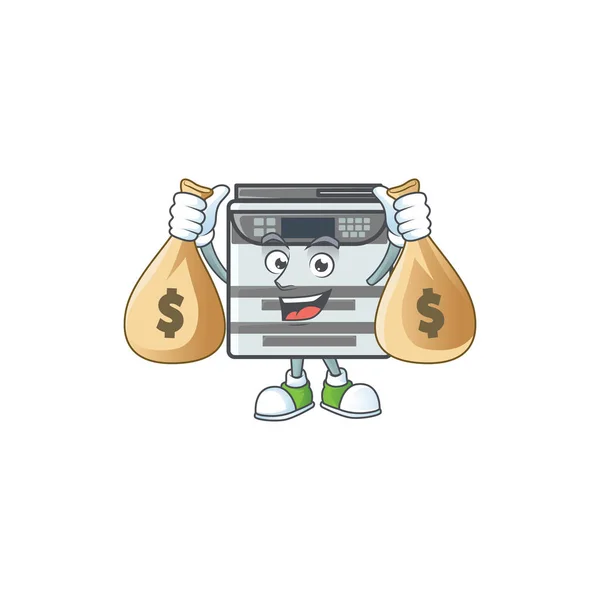 Una imagen linda del personaje de dibujos animados copiadora de oficina profesional sosteniendo bolsas de dinero — Vector de stock