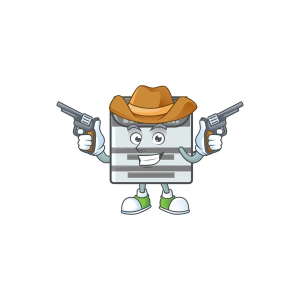 The brave of professional office copier Cowboy cartoon character holding guns — Stock Vector