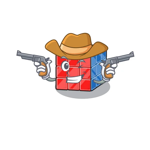 Rubic cubo Cowboy cartone animato concetto avendo pistole — Vettoriale Stock