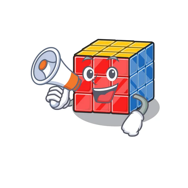 Une mascotte de cube rubique parlant sur un mégaphone — Image vectorielle