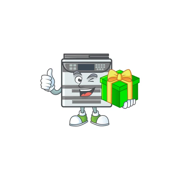 Cute professional office copier character holding a gift box — 스톡 벡터