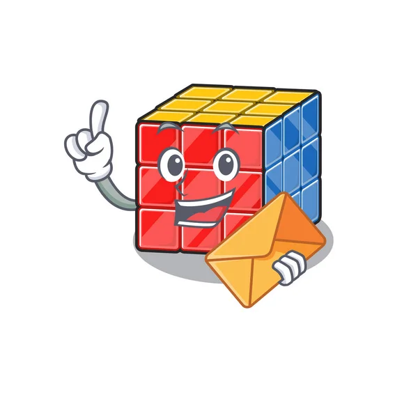 Conception de mascotte de cube rubique visage heureux avec enveloppe — Image vectorielle