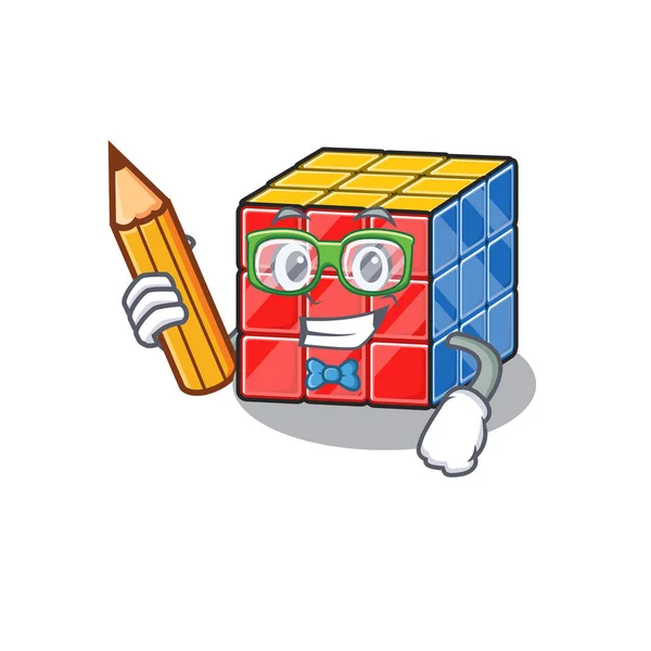 Un élève intelligent rubic cube personnage tenant crayon — Image vectorielle