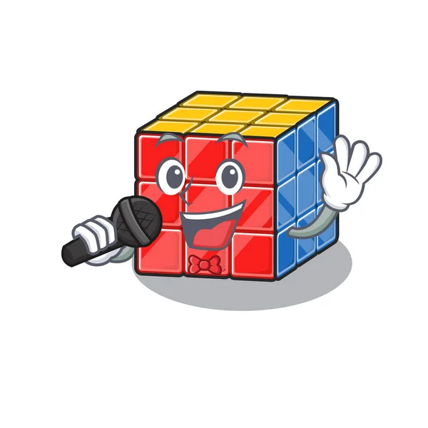 Fröhlicher Rubic Cube, der am Mikrofon singt — Stockvektor