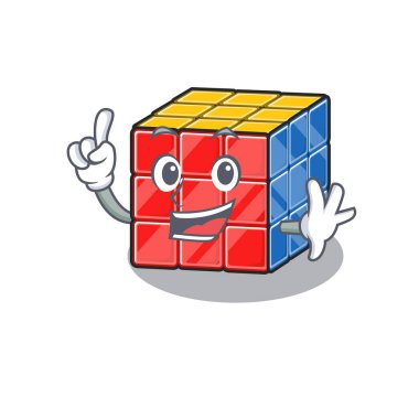 Maskot çizgi film konsepti rubik küp ve bir parmak hareketi.