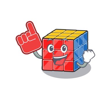 Rubik küp maskot tasarımının köpük parmağı olan bir resmi.