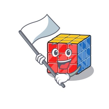 Ayakta duran bir bayrak taşıyan komik rubik küp çizgi film karakteri