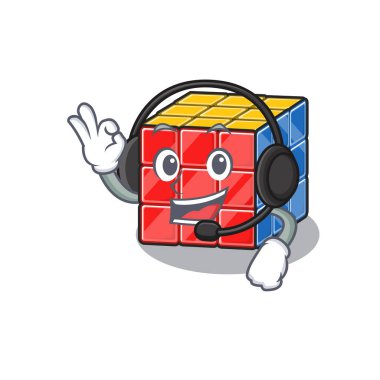 Kulaklık takarak mutlu rubik küp maskot tasarımı
