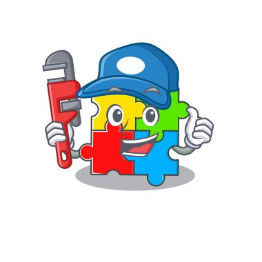 Tesisatçı olarak çalışan yapboz oyuncağının şirin bir resmi.