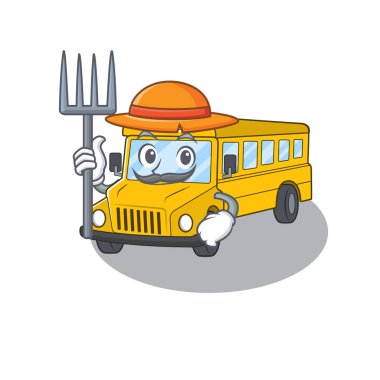 Şapka ve aletlerle Mutlu Çiftçi Okul Otobüsü karikatürü