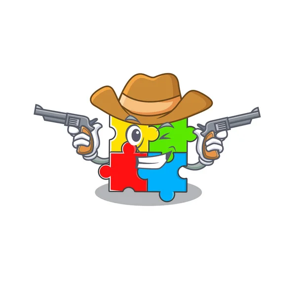 Puzzle brinquedo Cowboy desenho animado conceito ter armas — Vetor de Stock