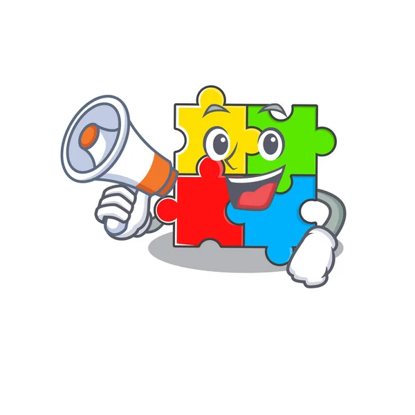 Een mascotte van puzzelstuk sprekend op een megafoon — Stockvector