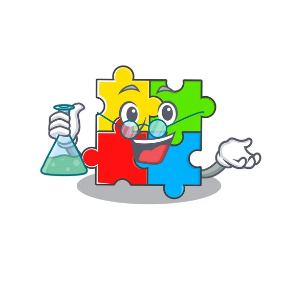 Cool puzzle brinquedo Professor personagem dos desenhos animados com tubo de vidro — Vetor de Stock