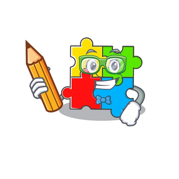 Chytrý student puzzle hračka znak drží tužku — Stockový vektor