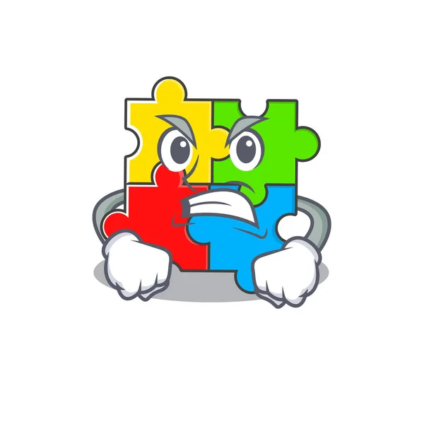 Puzzel speelgoed tekenfilm karakter stijl met boos gezicht — Stockvector