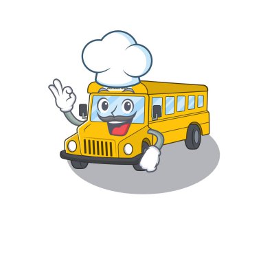 Okul servisi çizgi filmi karakteri aşçı olarak çalışıyor ve beyaz şapka takıyor.