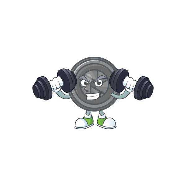 Camera lens mascot icon on fitness exercise trying barbells — 스톡 벡터