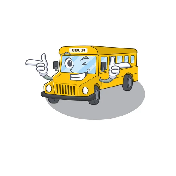 Linda mascota de dibujos animados de diseño de autobús escolar con ojo guiño — Archivo Imágenes Vectoriales