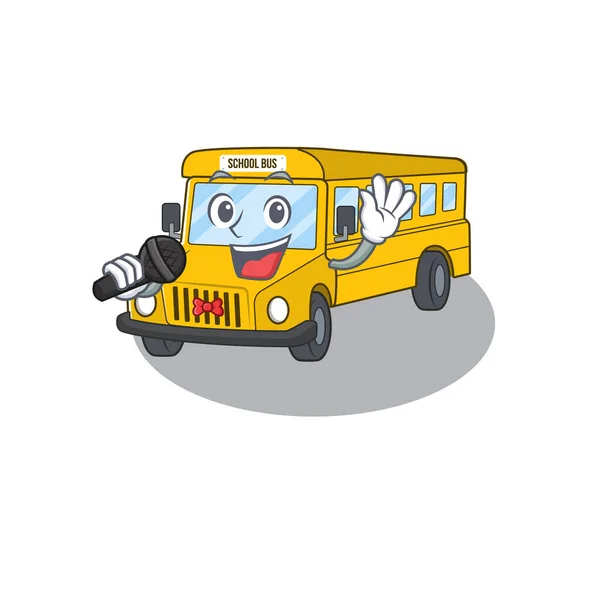 Feliz autobús escolar cantando en un micrófono — Vector de stock