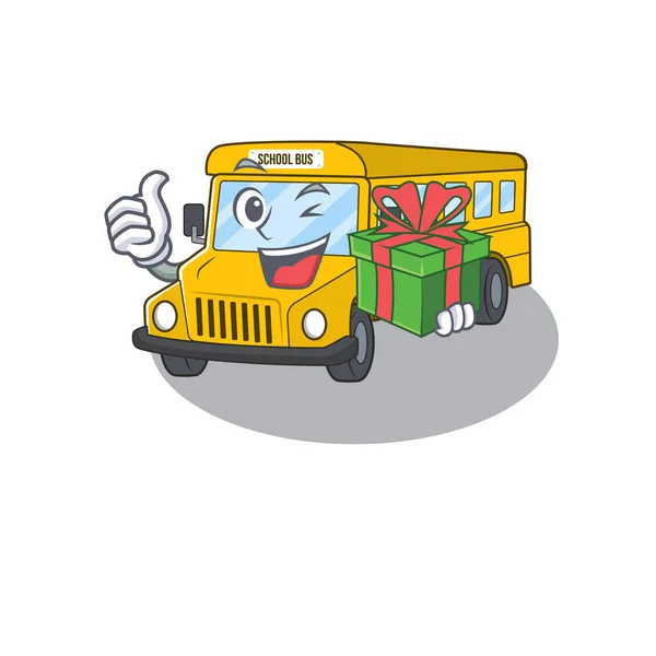 Heureux personnage de bus scolaire ayant une boîte cadeau — Image vectorielle