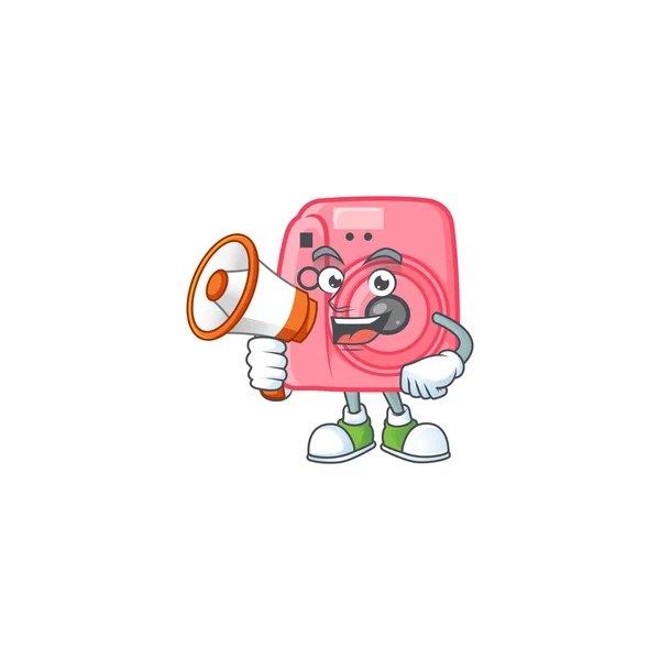Un personaggio dei cartoni animati freddo della fotocamera istan con un megafono — Vettoriale Stock