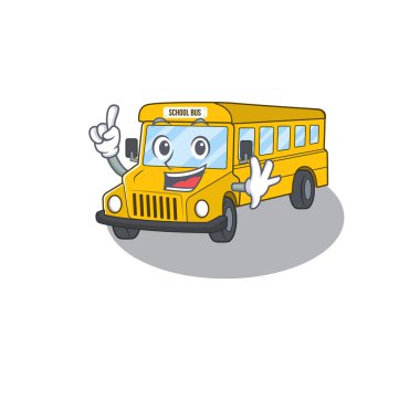 Maskot çizgi film konsepti okul otobüsü bir parmak hareketiyle