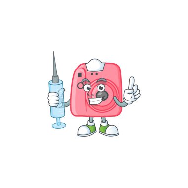 Gülen hemşire. Kamera, şırıngalı çizgi film karakteri.