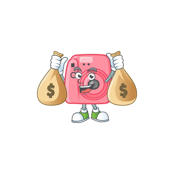 A cute image of instan camera cartoon character holding money bags — Stock Vector