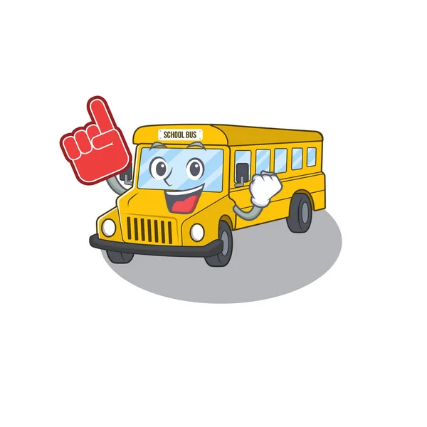 Een schilderstuk van schoolbus mascotte cartoon ontwerp holding een schuim vinger — Stockvector