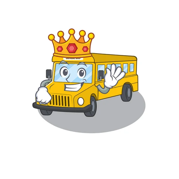 En tecknad maskot design av skolbuss framförs som en kung på scenen — Stock vektor