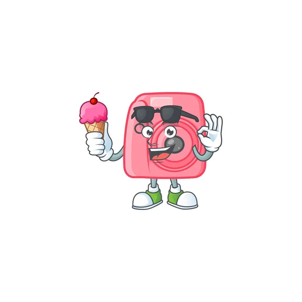 Instale o estilo de desenho animado mascote câmera comendo um sorvete — Vetor de Stock