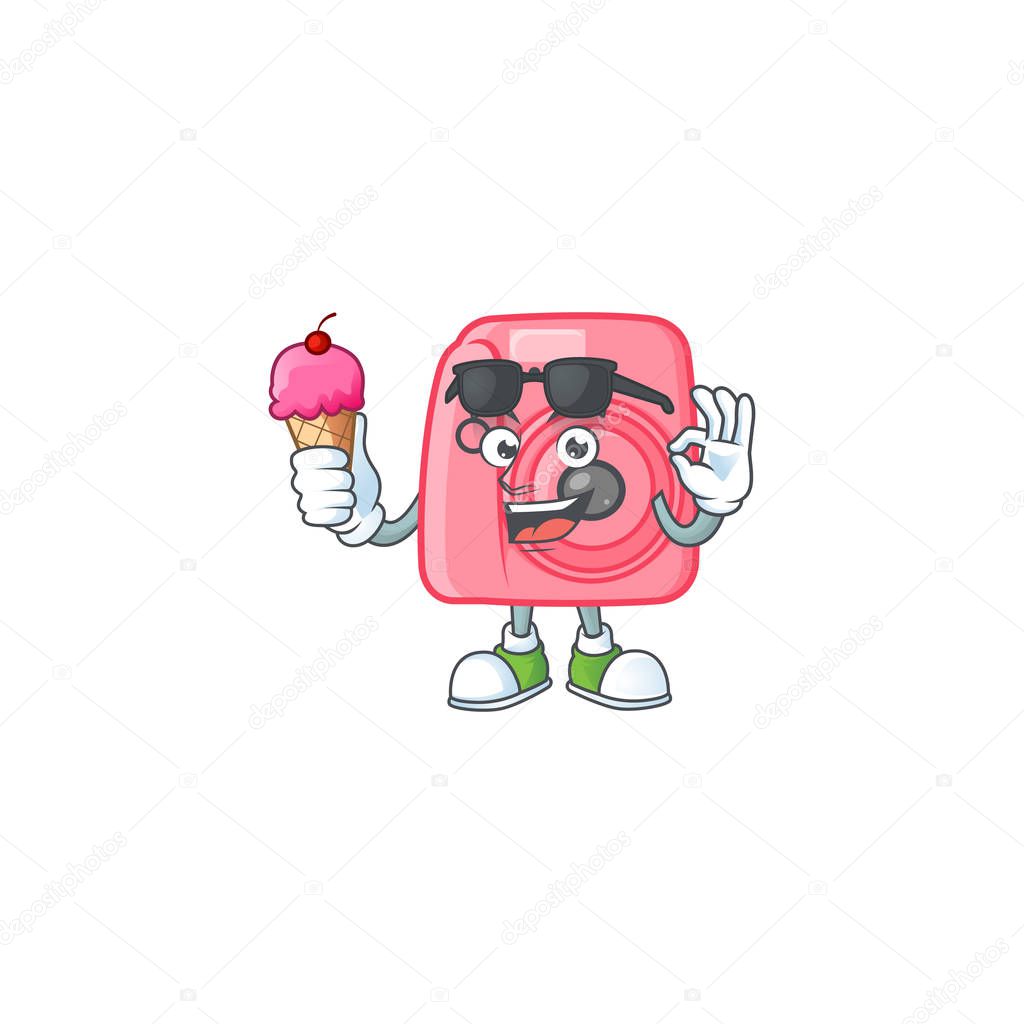 Instan camera mascot cartoon style eating an ice cream