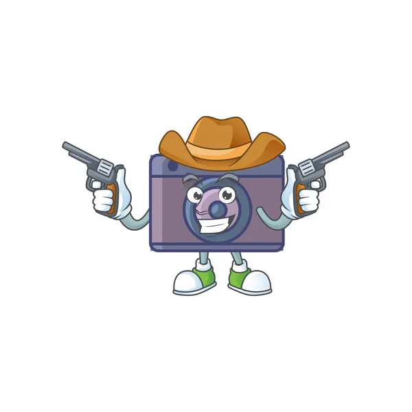 El valiente de la cámara retro Cowboy personaje de dibujos animados con armas de fuego — Vector de stock