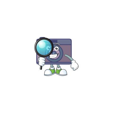 Tek gözlü eski bir kamera. Dedektif çizgi film karakteri tasarımı.