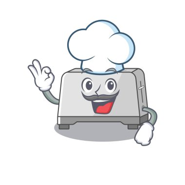 Ekmek kızartma makinesi çizgi film karakteri aşçı olarak çalışıyor ve beyaz şapka takıyor.