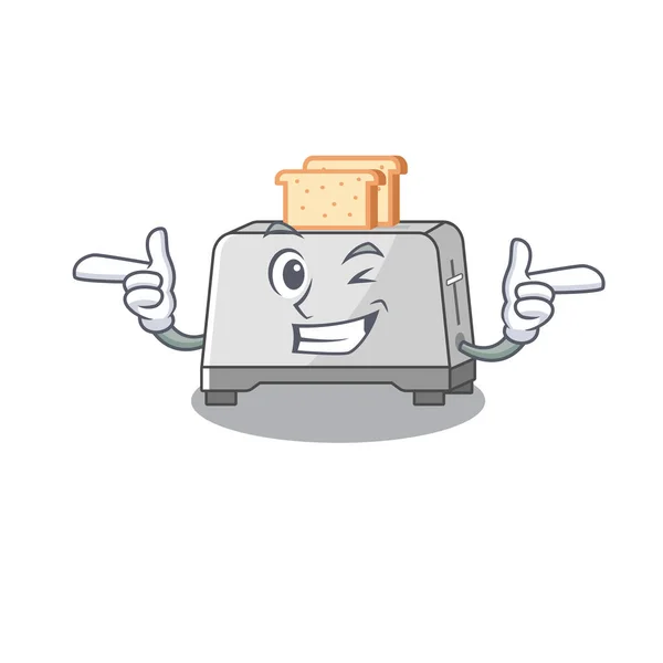 Lindo diseño de dibujos animados mascota de pan tostadora con ojo guiño — Vector de stock