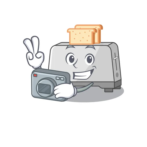 Cool Fotograf pâine toaster caracter cu o cameră — Vector de stoc