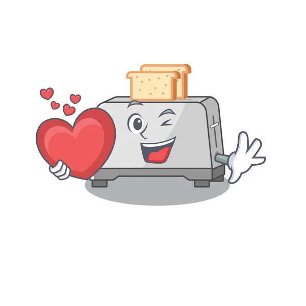 Romantico pane tostapane immagine cartone animato in possesso di un cuore — Vettoriale Stock
