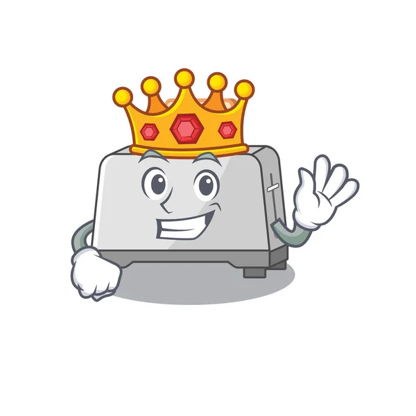 Un diseño de la mascota de dibujos animados de tostadora de pan realizado como un rey en el escenario — Vector de stock