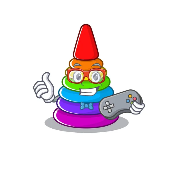 Smiley gamer juguete pirámide dibujos animados mascota estilo — Vector de stock