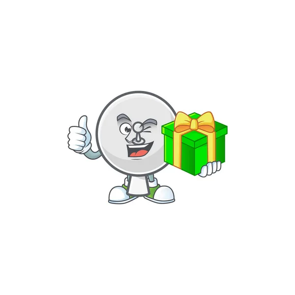 Lindo personaje parabólica celebración de una caja de regalo — Vector de stock