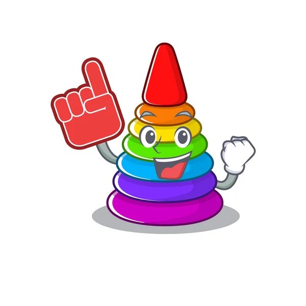 Una imagen de juguete pirámide mascota diseño de dibujos animados sosteniendo un dedo de espuma — Vector de stock