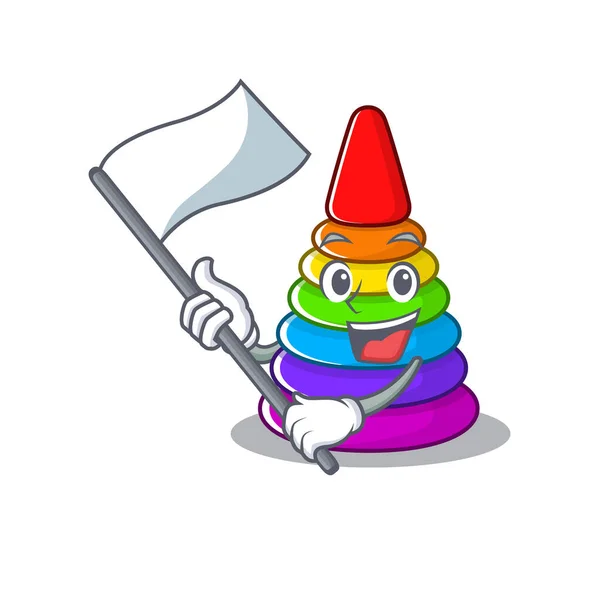 Drôle de style de personnage pyramide jouet dessin animé tenant un drapeau debout — Image vectorielle