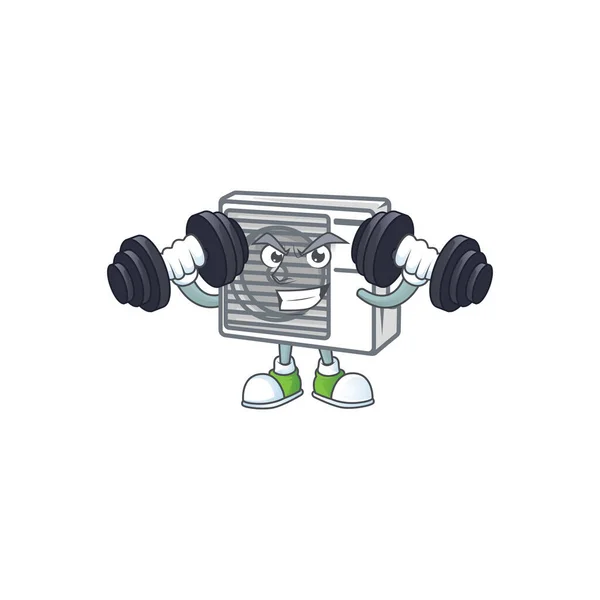 Split air conditioner mascot icon on fitness exercise trying barbells — Stock Vector