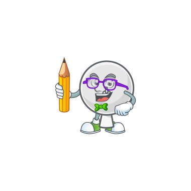 Bir öğrenci uydu anteninin maskot simgesi kalem tutuyor.