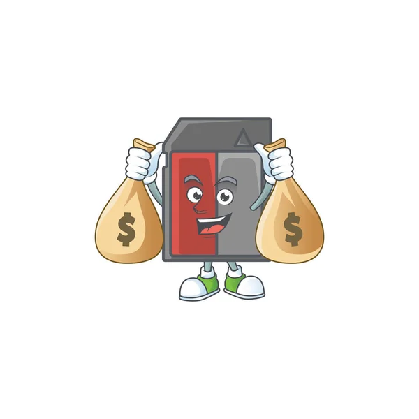 Una imagen linda de la tarjeta de memoria personaje de dibujos animados con bolsas de dinero — Vector de stock