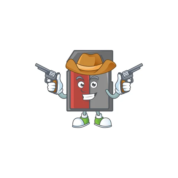 El valiente de la tarjeta de memoria Cowboy personaje de dibujos animados con armas de fuego — Vector de stock